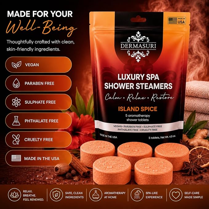 Shower Steamers Aromatherapy, Essential Oil Pods Infused for Relaxation, Shower Pods Aromatherapy - Calming, Stress Relief & Self Care Gifts for Women - Island Spice