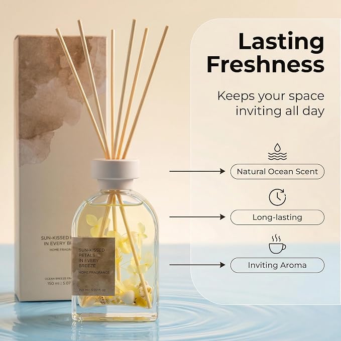 Ocean Mist Reed Diffuser Set, Sea Scented Home Fragrance with Natural Reed Sticks, 5.07 oz, ktyixu, Long-Lasting Aromatherapy Air Freshener for Bathroom, Living Room, Home Decor & Gifting