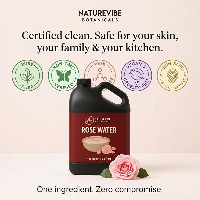 Naturevibe Botanicals Pure Rose Water Toner 32 oz Hydrating Facial Mist & Hair Spray | 100% Natural, Alcohol-Free Skin Care & Makeup Setting Spray
