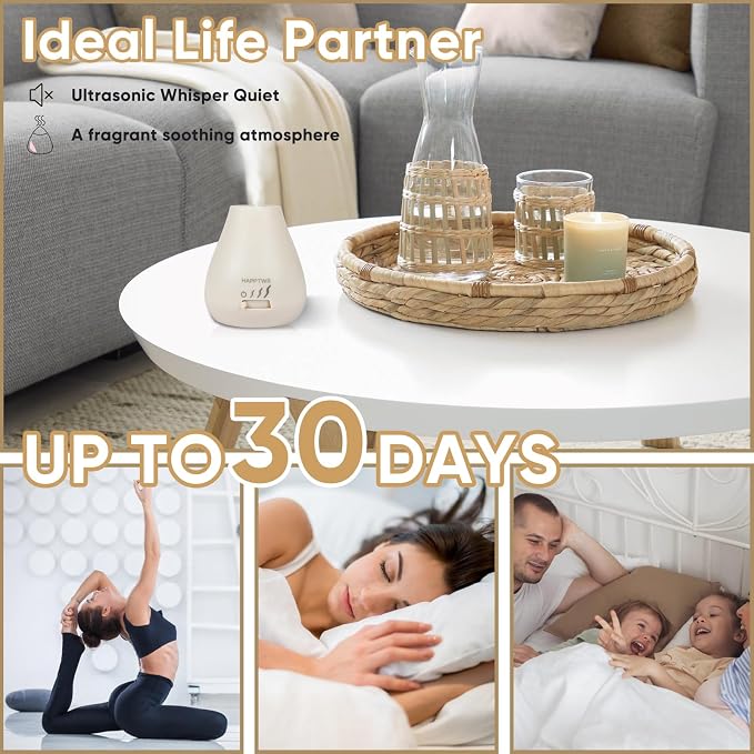 HAPPTWS Essential Oil Diffuser - Waterless Diffuser 3 Timer Settings Battery Powered for Bedroom Yoga Room Toilet Pet Room White