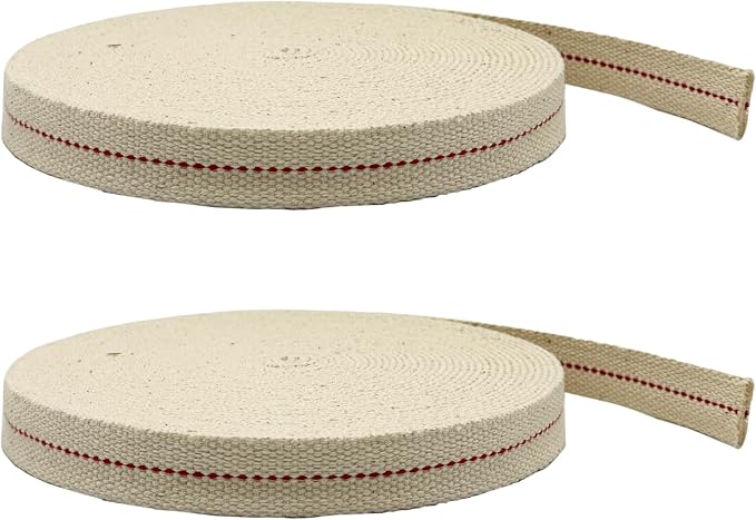 Light of Mine - 3/4" Inch 33' Foot, 100% Cotton Flat Wick - 2 Pack for Paraffin Oil, Kerosene Based Lanterns, and Oil Lamps with Genuine Red Stitch (3/4" - 33' Roll, 2pk)