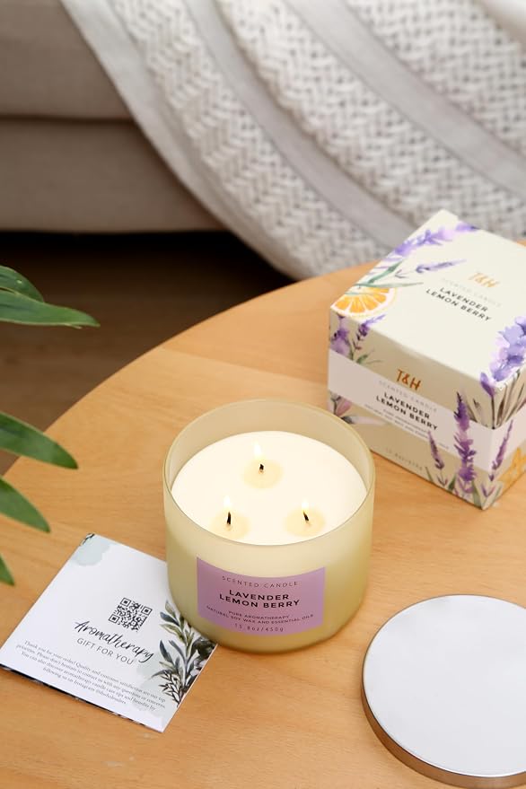 Lavender Lemon Berry Scented Candle | 3-Wick Large Soy Candle 15.8 oz | Highly Scented Aromatherapy Lavender Candle for Women | Calming Floral Lemon Home Scent | Long Lasting Clean Burn