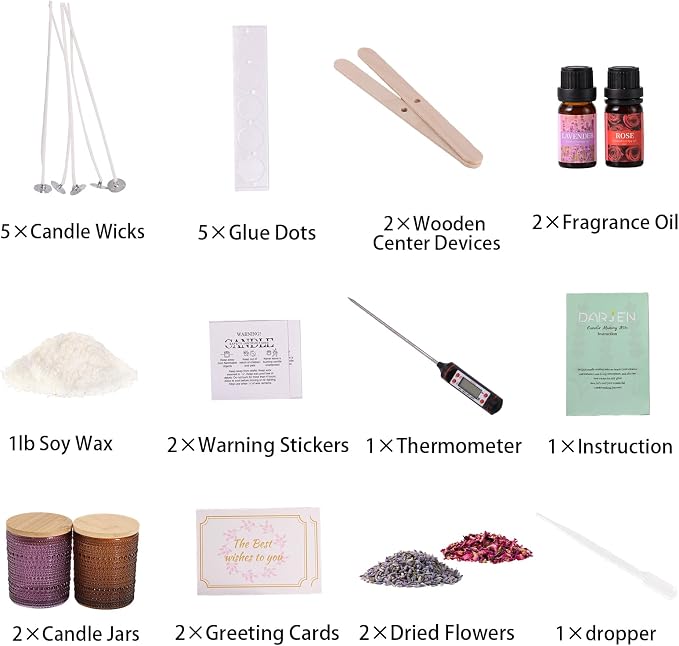 DARJEN Candle Making Kits for Beginners, DIY Starter Scented Candles Making Kit - 2 Glass Jars(Purple, Amber), Soy Wax, Scented, Card & More, Full Soy Candle Making Supplies Set Perfect Gifts