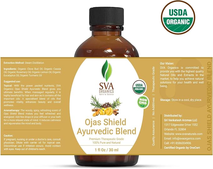 SVA Organics Ojas Shield Blend – 1 Fl Oz – 100% Natural Organic Oil - for Diffuser, Aromatherapy, Hair Care, Face, Skin Care and Body Massage
