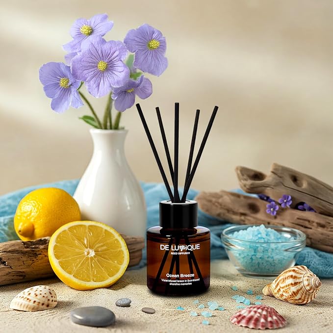 Ocean Breeze Scent Reed Diffusers for Home – Aroma Diffuser with Violet, Lemon, Sea Salt & Lavender – Long Lasting Scented Home Fragrance Gift – 50ml