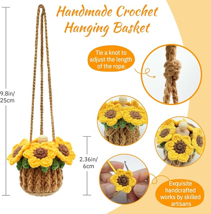 Crochet Car Air Freshener, 15ml Empty Refillable Oil Diffuser Bottle with Hanging Crochet Sunflower for Car Rearview Mirror Decor Air Freshener Diffuser for Home, and Office Decor(Sunflower)