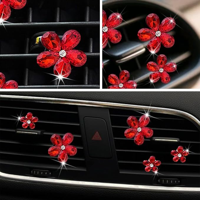 Bling Daisy Flower Car Air Vent Clips, 5PCS Sparkling Crystal Rhinestone Cute Vehicle Air Conditioning Clamp, Diamond Auto Air Outlet Clip Decor for Women Girls (Red)