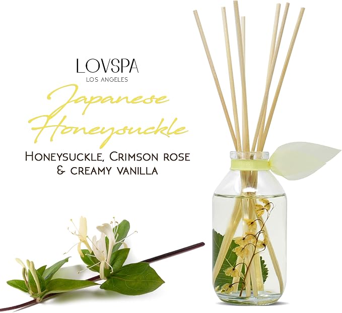 Japanese Honeysuckle Diffuser Set, Luxury Home Fragrance, Room Scent | Honeysuckle, crimson rose, and floral bouquet profile, shelf decor, guest bath, decorative glass bottle, home aroma