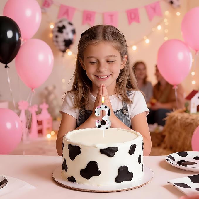 Number 3 Birthday Candle for Cake – Cow Print Design in White Black Pink – Farm Theme & Cowgirl Party Cake Topper Decoration