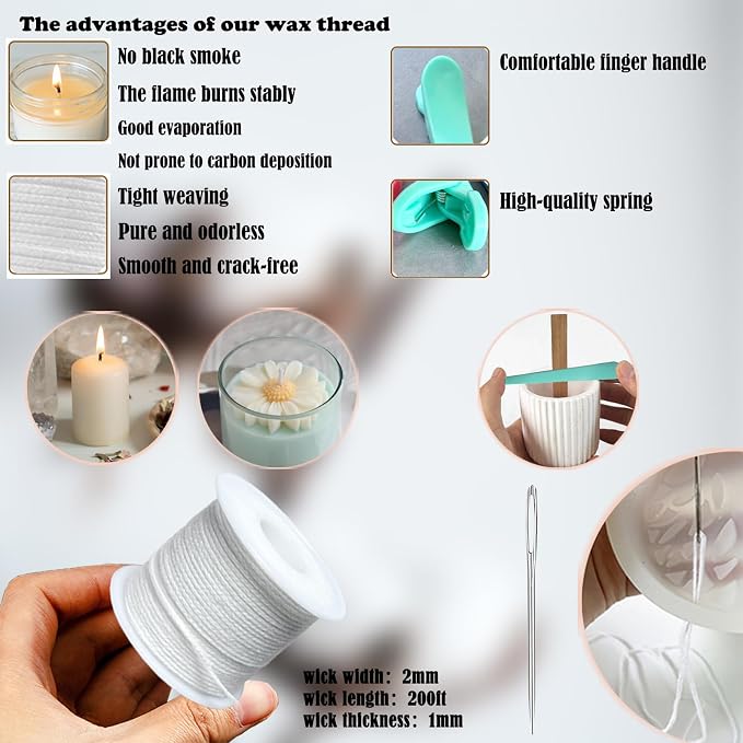 TYMKLMZG Candlewick Needle Kit with Candle Wick Trimmer 7",Mold Hook Punch Needle with Hook & Eye for Inserting Wick,Big Hole Long Needle,Candle Wick Roll 200 Ft 24 Wick Spool,Threader,Wick Holders