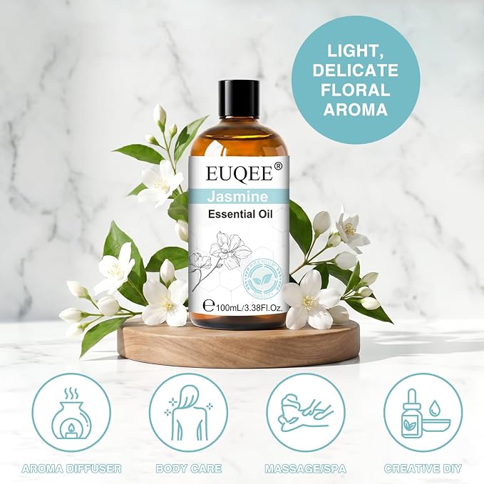 EUQEE 100ml Jasmine Essential Oil, Pure Jasmine Essential Oil for Diffuser, Massage, DIY Soap,Candle Making, Skin & Hair Care - 3.38 Fl Oz