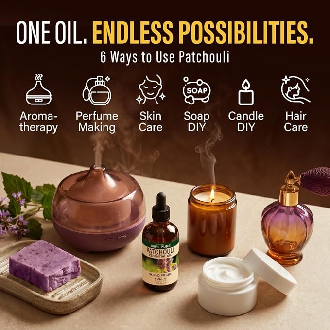 100% Pure Patchouli Oil - 4 Fl Oz Patchouli Essential Oil for Hair, Skin, Diffuser, Aromatherapy & DIY Soap Making Scent