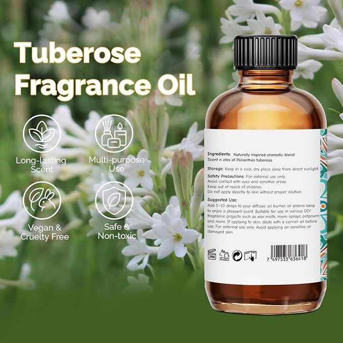 GM Gumili Tuberose Fragrance Oil 2 Oz, Natural Scent Oil for Home Essential Oils Diffuser, Candle Making, Soap Making, DIY Body Oils, Perfume, Body Mist, Spray - Floral Scent