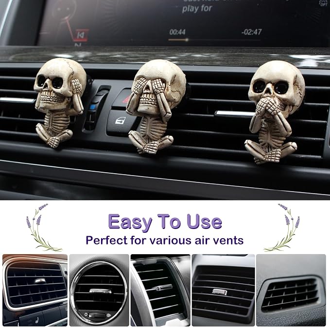 Skull Car Air Fresheners Vent Clips with 10 ml Pure Lavender Essential Oil, Cute Skeleton Car Decor Accessories, Automotive Stuff Horror Halloween Christmas Vehicle Decorations Gifts