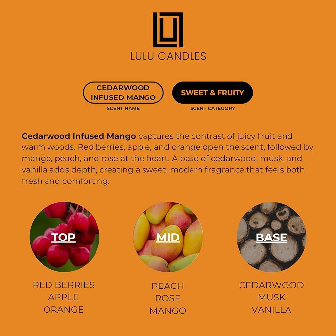 Lulu Candles | Cedarwood Infused Mango | Highly Scented Candles for Home - Soy Blend Jar Candle with 100% Cotton Wick - Slow Burning (9 Oz.)