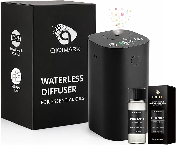 Waterless Essential Oil Diffuser with 50ml Fragrance Oil, Rechargeable Nano Mist Diffuser for Home, Car & Office, 4 Timer Settings, 4 Mist Levels, Up to 600 Sq Ft Coverage