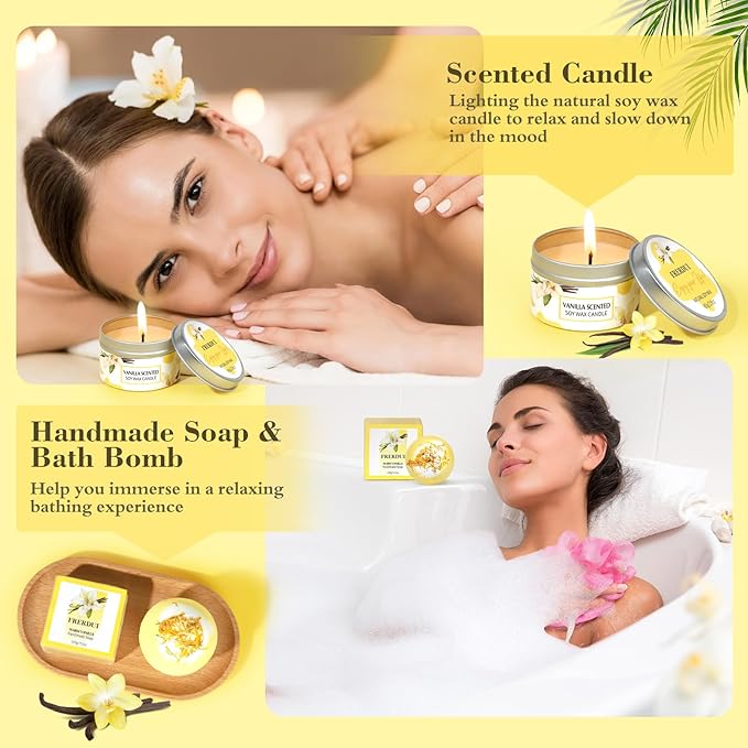 Birthday Gifts for Women, Relaxing Spa Gift Baskets for Women, Warm Vanilla Self Care Bath and Body Gift Set Care Package for Her Wife Mom Female Friends Bestie Sister Mothers Day Gifts