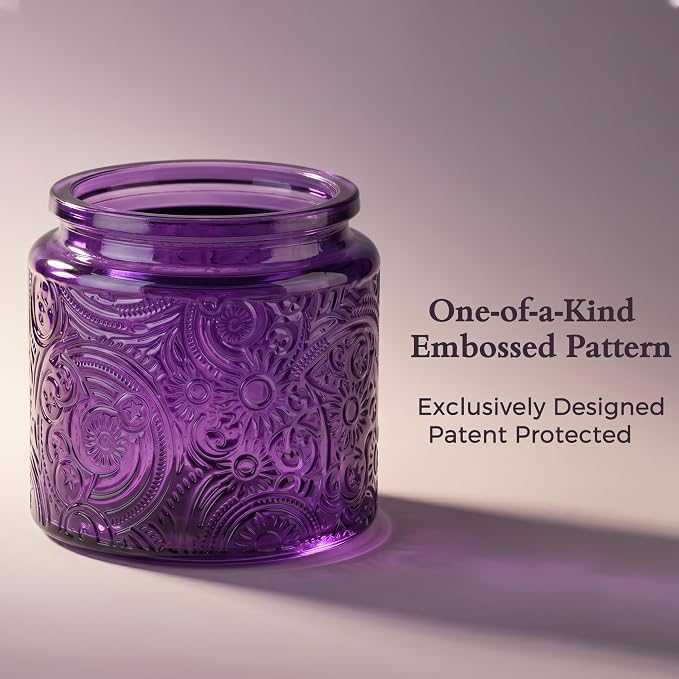 10 oz Purple Sun Moon Stars Candle Jars with Metal Lids, 9 Pack | Patented Embossed Design, Includes Wick Centering Devices & Warning Labels, Multiple Color Options