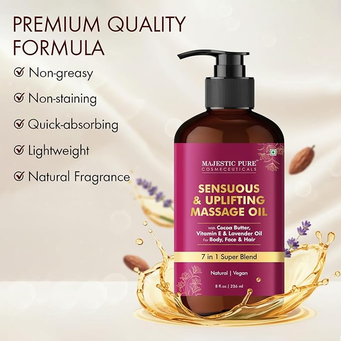 MAJESTIC PURE Cocoa Massage Oil for Massage Therapy - Refreshing, and Relaxing - Natural Oils with Cocoa Butter, Vitamin E & Lavender Oil - for All Skin Types - Men and Women Massage Lotion - 8 fl oz