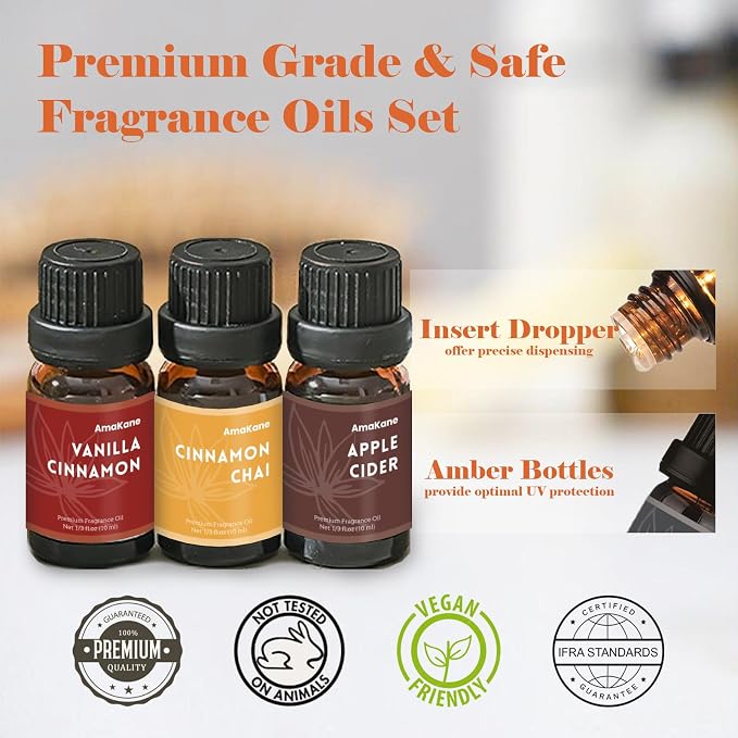 AmaKane Fall Fragrance Oil, Autumn Essential Oils for Diffuser, Soap Candle Making Scents, Pumpkin Pie Spice, Vanilla Cinnamon, Apple Cider, Fallen Leaves, Autumn Magic, Cinnamon Chai, 6x10 ml