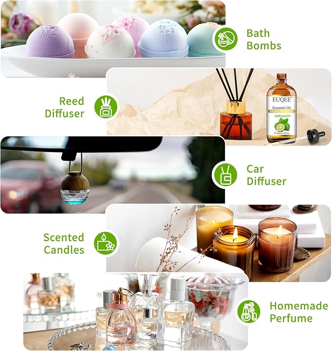 EUQEE Bergamot Essential Oil 118ml Pure Bergamot Oil for Aromatherapy, Diffuser, Sopa Candle Making, Large Bottle with Gift Box -4 fl.oz