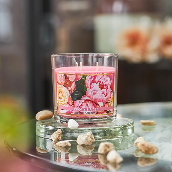 Peony and Rose Scented 3-Wick Candle in Glass Jar | Candles for Home | 14.5oz Rustic Home Decor Novelty Candle | 60 Hour Burn Time Candle