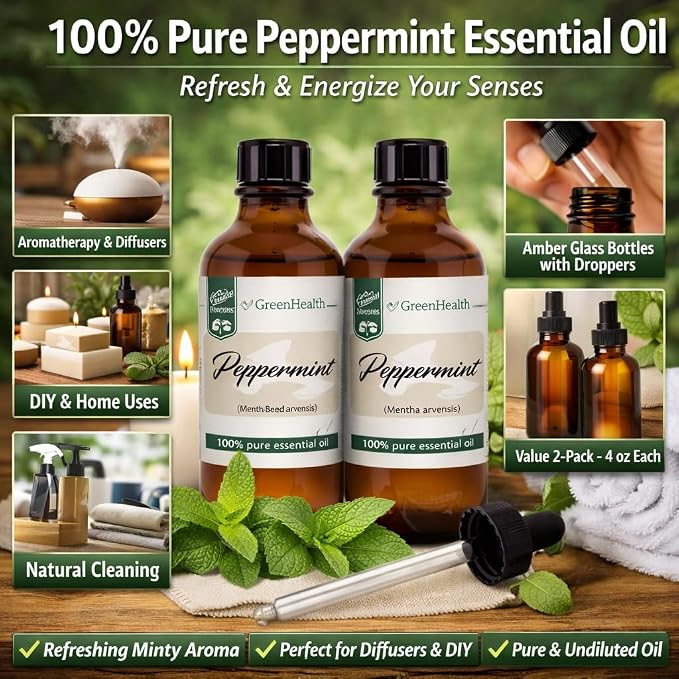 2 Bottles - Peppermint Essential Oil - 4 fl oz - 100% Pure Essential Oil - Amber Glass Bottle w/Glass Dropper - GreenHealth