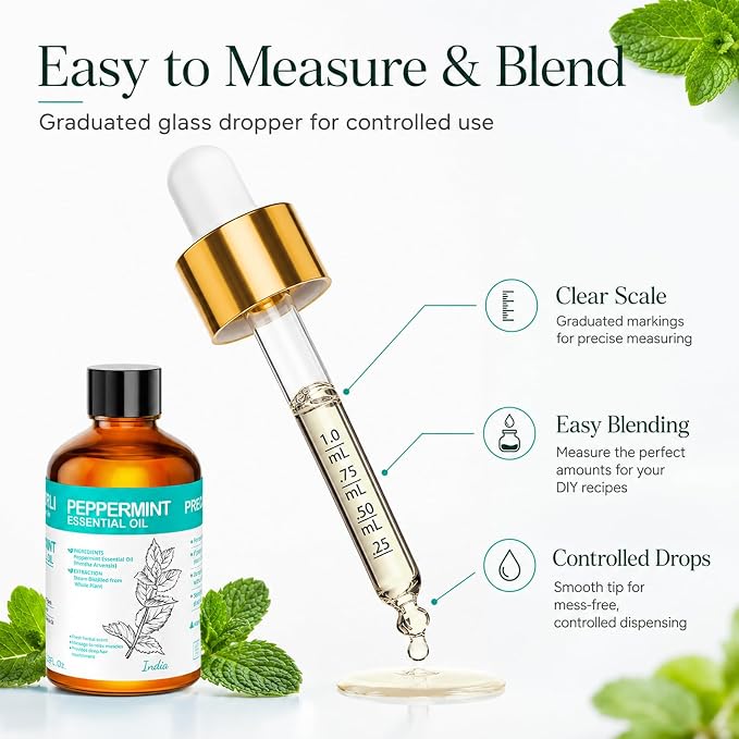 Peppermint Essential Oil 3.38 fl oz, Mint Essential Oil with Dropper for Diffuser, Hair Care, Skin Care, Massage, Cleaning, Candle Making and Soap Making