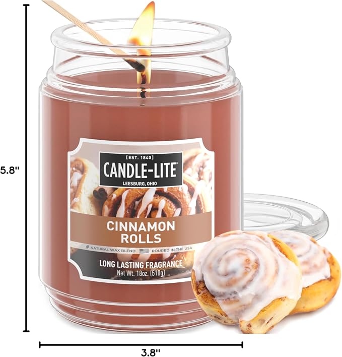 Candle-lite Fall Scented Candles, Cinnamon Rolls, 18 oz Jar, Proudly Poured in The USA, Aromatherapy Candle, Single-Wick with 110 Hours of Burn Time, Perfect for Creating an Inviting Ambiance