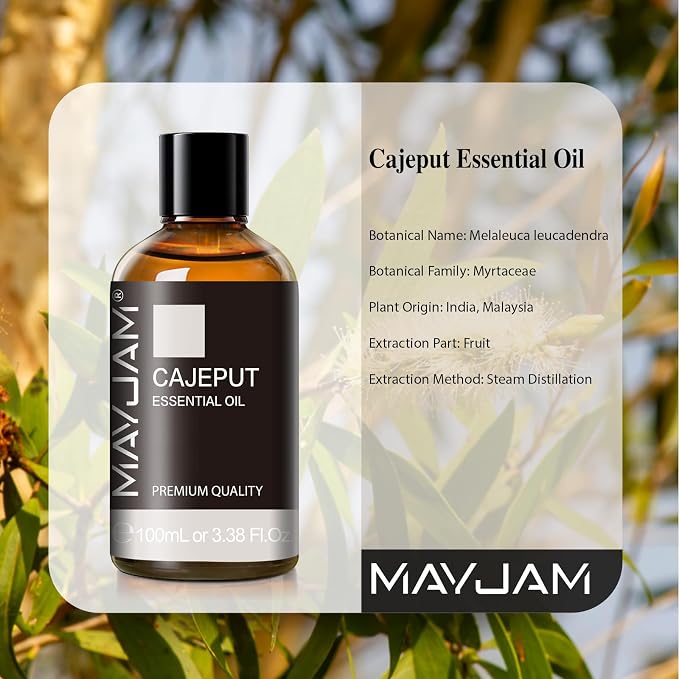 MAYJAM Cajeput Essential Oil, 3.38FL.OZ Pure Essential Oils with Glass Dropper, Large Volume Cajeput Oil, Perfect for Massage, DIY Candle and Soap Making (100ML)