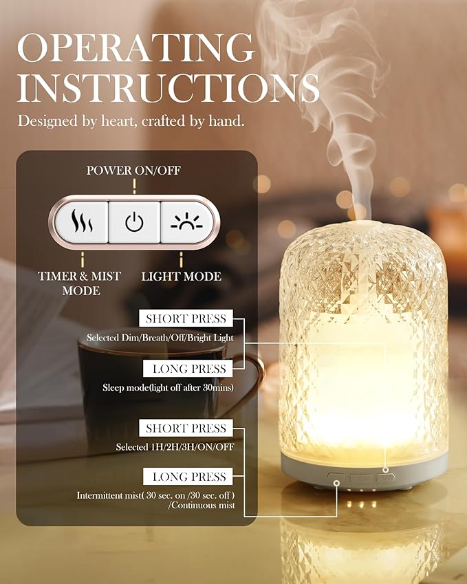 Essential Oil Diffuser - 2.4MHz Ultrasonic Glass Diffuser with Pulse/Continuous Mist & Night Light, Waterless Auto-Off, Silent Aromatherapy Diffuser for Home, Office, Yoga, Spa, Gifts & Home Decor.