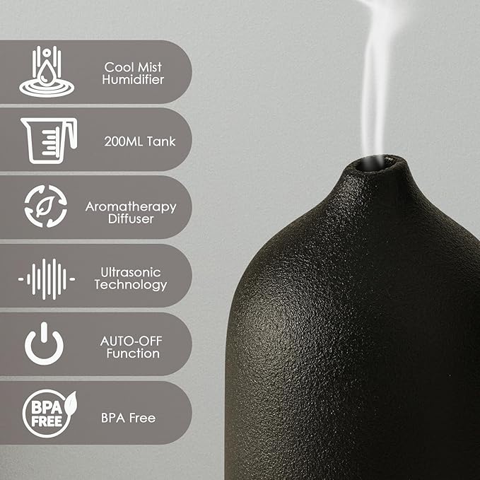 Diffuserlove Ceramic Essential Oil Diffuser Aromatherapy Diffusers for Home Bedroom Air Stone Diffuser Black Base