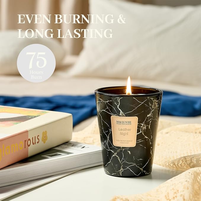 M&SENSE Leather Night Scented Soy Candle, 3 Wick Highly Scented 14.1 Oz 75H, Aromatherapy Christmas Gift for Women and Men