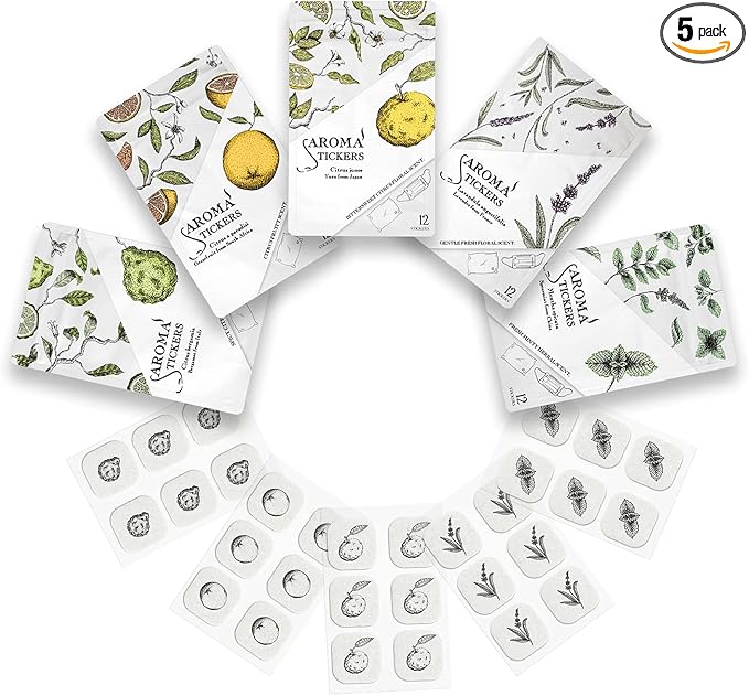 AROMA STICKERS®- (All Scents, Pack of 5) - 100% Natural Essential Oil Stickers for Face Mask & Pillow (12 Stickers/pc) -Pure Essential Oil Scented Patch/Personal Aroma/Relaxing/Refreshing