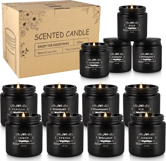 WPONSZU 12 Pcs Halloween Scented Candles with Added Natural Essential Oils, 3.05oz, Suitable for Various Festivals, Parties, Yoga, and Home Scene(Black)