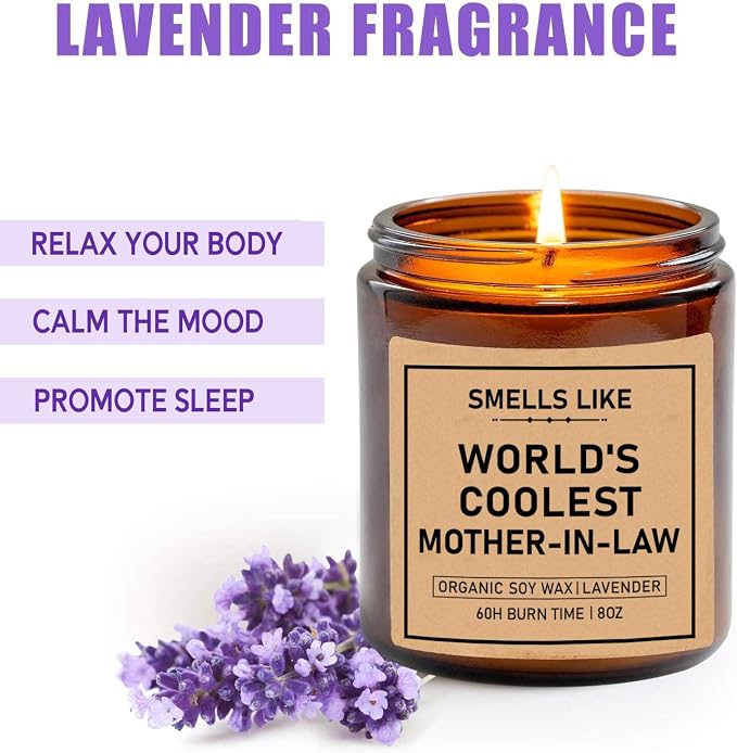 World's Coolest Mother-in-Law Soy Candle - 8oz Jar - Lavender Scent - 50 Hour Burn Time - Stress Relieving - Mother's Day Gift
