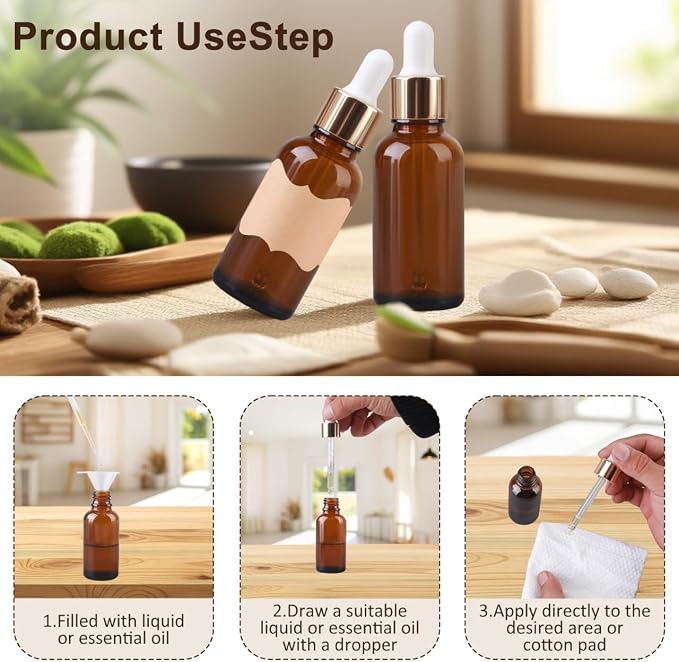 Amber Glass Dropper Bottles, 1 oz, 12 Pack with Glass Eye Droppers, Leak-Proof Travel Dispensers for Essential Oils, Tinctures, Lab Chemicals, Includes Funnels, Labels