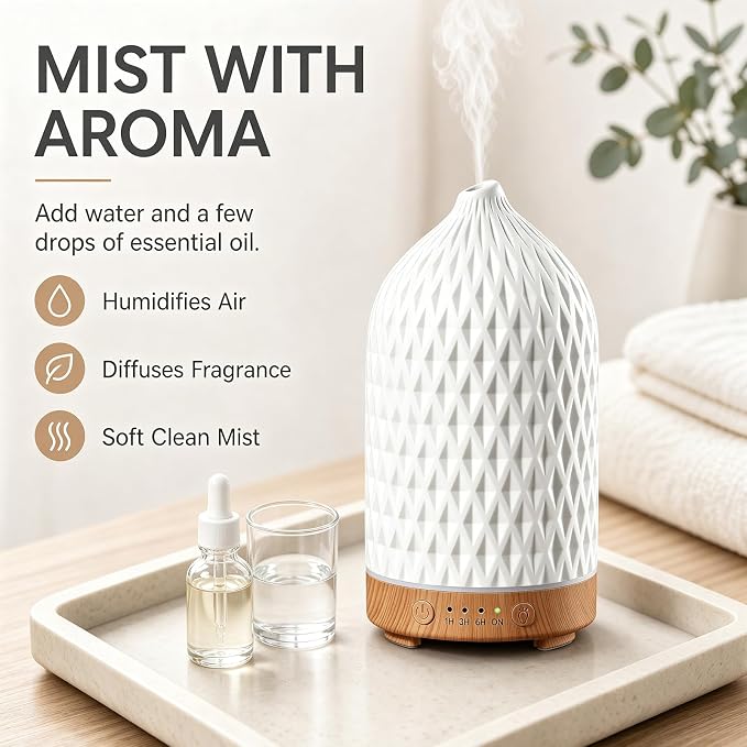 200ML Ceramic Essential Oil Diffuser - Ultrasonic Aromatherapy & Humidifier with 7-Color LED Lights, Auto Shut-Off, Rhombus, 1H/3H/6H Timer | Scent for Home,Office,Yoga