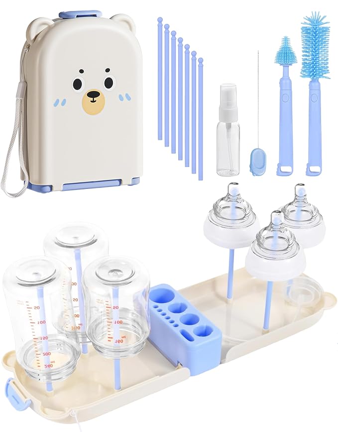 Travel Bottle Cleaner kit, 7in1 Baby Travel Gear Silicone Travel Bottle Brush Set Nipple Drying Rack, Straw Breast Pump Cleaning Soap Dispenser Organizer Case Mon Gift (Blue)