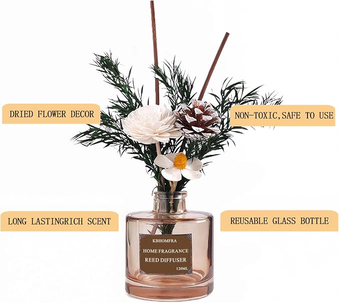 Reed Diffuser with Dried Flowers, Jasmine Cedar Sandalwood Scent, 4.06 fl oz, Glass, 120ml, Long Lasting Home Fragrance (Jasmine Tea)
