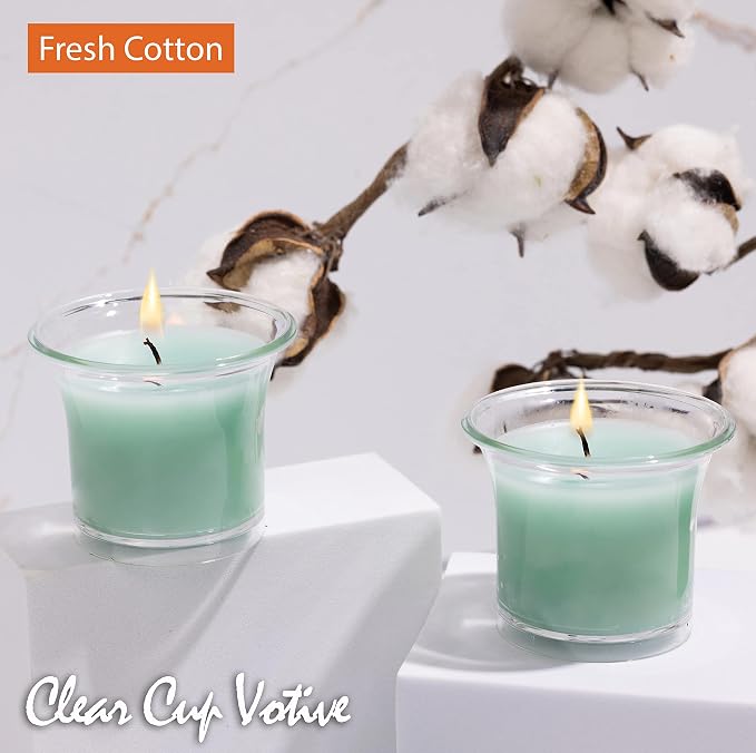 Hyoola Clear Cup Scented Votive Candles - Fresh Cotton - 12 Hour Burn Time - 4 Pack - European Made
