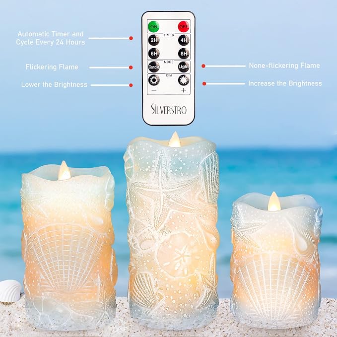 Ocean Flameless Candles Remote Carved Seashell Real Wax Flicker Battery Operated Candles for Home Party Wedding Nautical Thanksgiving Christmas Easter Decor - Set of 3(Blue)