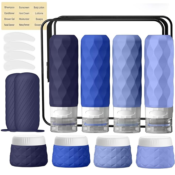16Pack Travel Bottles for Toiletries, TSA Approved Travel Size Toiletries Containers Set, Silicone Leak Proof Refillable Bottles Elastic Sleeves Creams Jars Accessories Kit W/Clear Bag (Blue)