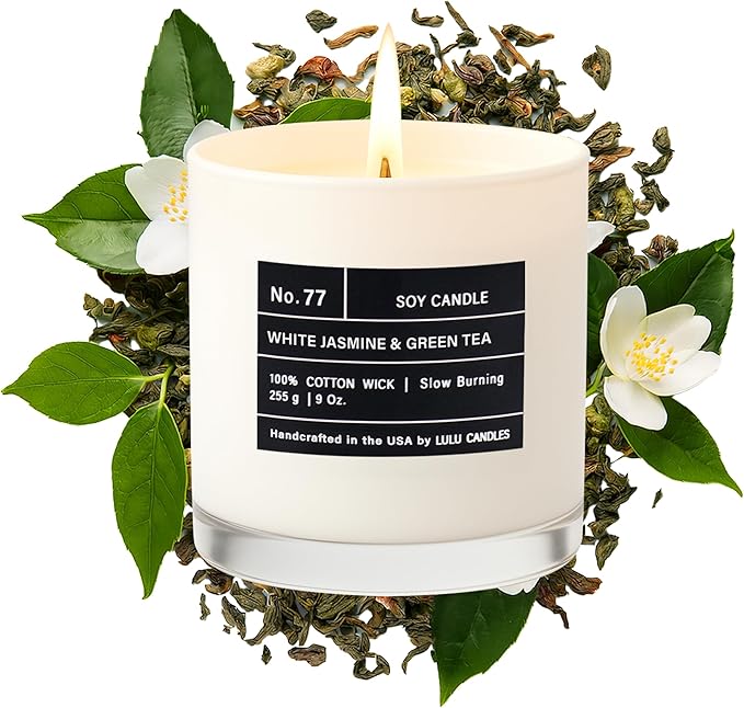 Lulu Candles | White Jasmine & Green Tea | Luxury Scented Soy Jar Candle | Hand Poured in The USA | Highly Scented & Long Lasting (9 Oz.)