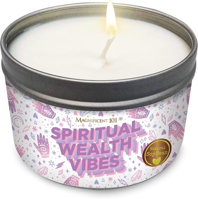 Magnificent 101 Spiritual Wealth Vibes 6-oz. Candle in Tin Holder; 100% Natural Soy Wax with Sage & Clove Essential Oils for Aromatherapy, Energy Cleansing, Meditation & Intention Setting; Great Gift