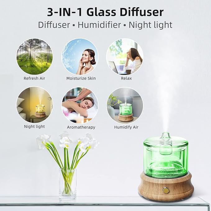 Lecdura Glass Essential Oil Diffuser, 80ML Small Glass Reservoir Natural Wood Base Ultrasonic Cool Mist Aroma Diffusers with USB-Cord Auto-Off 7 Color Light for Home Office Bedroom