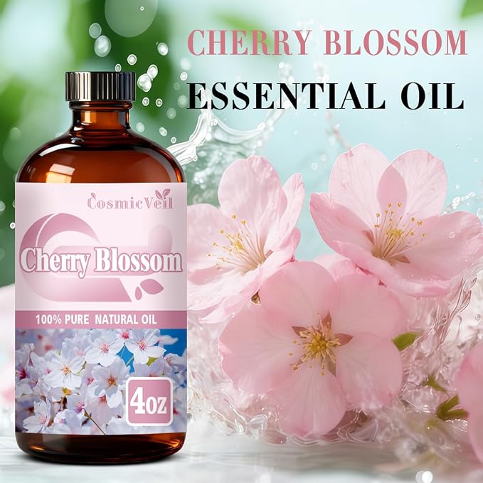 Cherry Blossom Essential Oil Cherry Blossom Oil for Aroma Diffuser,Humidifier,Home Fragrance,Cleaning,Body Care,Massage,Yoga,DIY Candle,DIY Soap CosmicVeil（Cherry Blossom，4 Fl Oz (Pack of 1)）