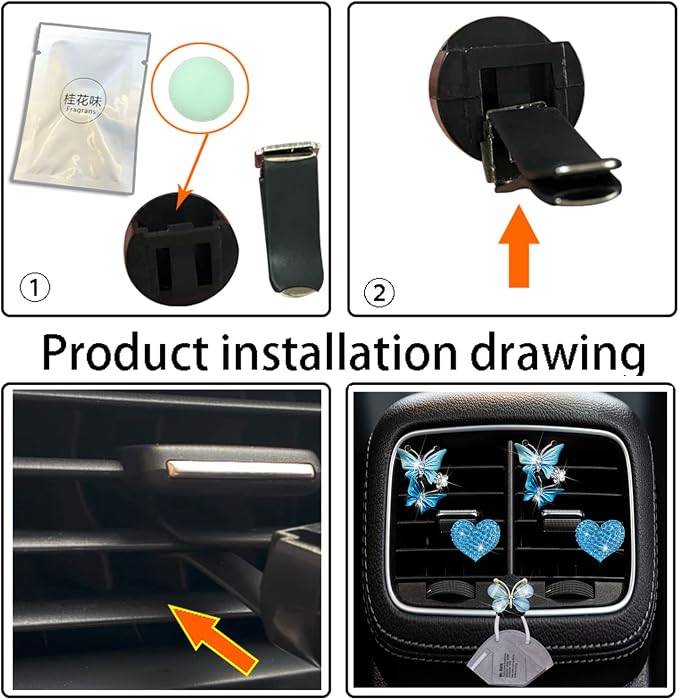 Blue Heart & Butterfly Air Vent Clips, 4 Pcs Bling Heart Air Fresheners Vents Clips Car Diffuser Diamond Interior Decor Charm Cute Accessories + Cute Mask Hook