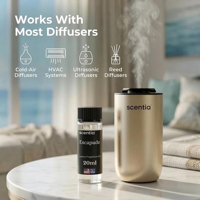 Scentia Escapade Aromatherapy Oil for Diffuser – Hotel Scent Inspired by 5-Star Resort – 20 mL – Jasmine, Bergamot & Marine Natural Fragrance Oil for Waterless & Cold Air Diffusers, Made in USA