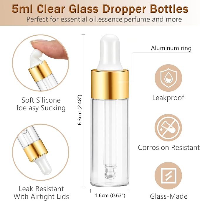 Elfenstall- Empty 10Pcs 5ml Clear Dropper Bottles Small Empty Glass Bottle Sample Containers Liquid Vials for Perfume Essential Oils